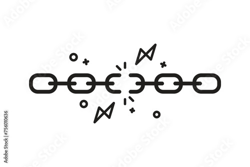 A broken chain with sparks, a chain break in the middle. Black vector illustration isolated on white background.