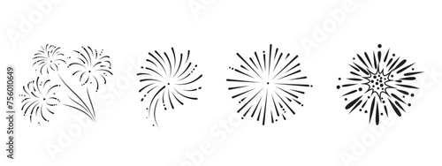 Set of fireworks icons, fireworks with sparks black vector illustration, festive fireworks isolated on white background.