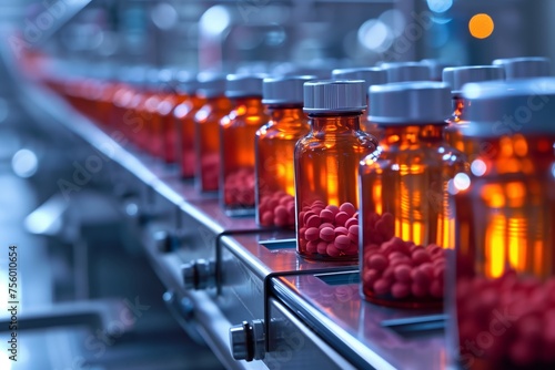 bottles of medicine on a conveyor belt in a pharmaceutical factory