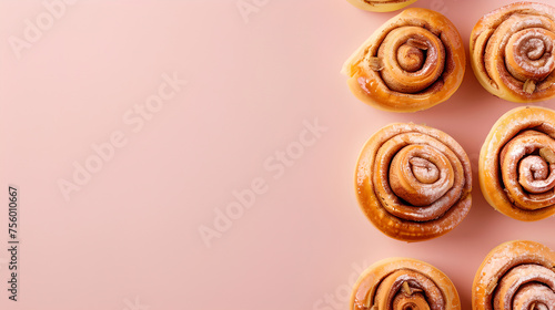 baked cinnamon rolls pastries on side of pastel colored cream background with copy space, top down view photo
