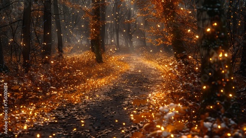 A path in the woods lit up with fairy lights  AI