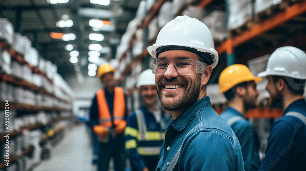 Smiling team of workers, sporting hard hats, stands in a warehouse setting. People with a good mood and youthful energy stand on a slightly blurred background of racks with accessories - obrazy, fototapety, plakaty 