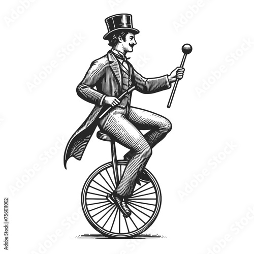 Circus performer acrobat rides unicycle sketch engraving generative ai fictional character vector illustration. Scratch board imitation. Black and white image.