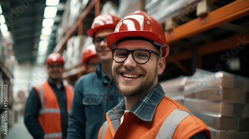 Smiling team of workers, sporting hard hats, stands in a warehouse setting. People with a good mood and youthful energy stand on a slightly blurred background of racks with accessories