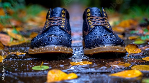 A pair of a boot is sitting in the rain on leaves, AI