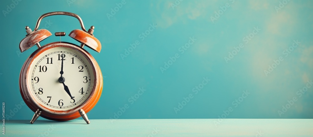 An electric blue quartz clock in a rectangular shape is placed on a table against an aqua blue wall. The analog watch accessory complements the rooms decor An electric blue quartz clock in a rectangular shape is placed on a table against an aqua blue wall. The analog watch accessory complements the rooms decor