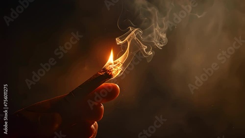 Slow motion shot macro close up of a flaming cannabis blunt being held by two fingers with smoke and a dark background photo