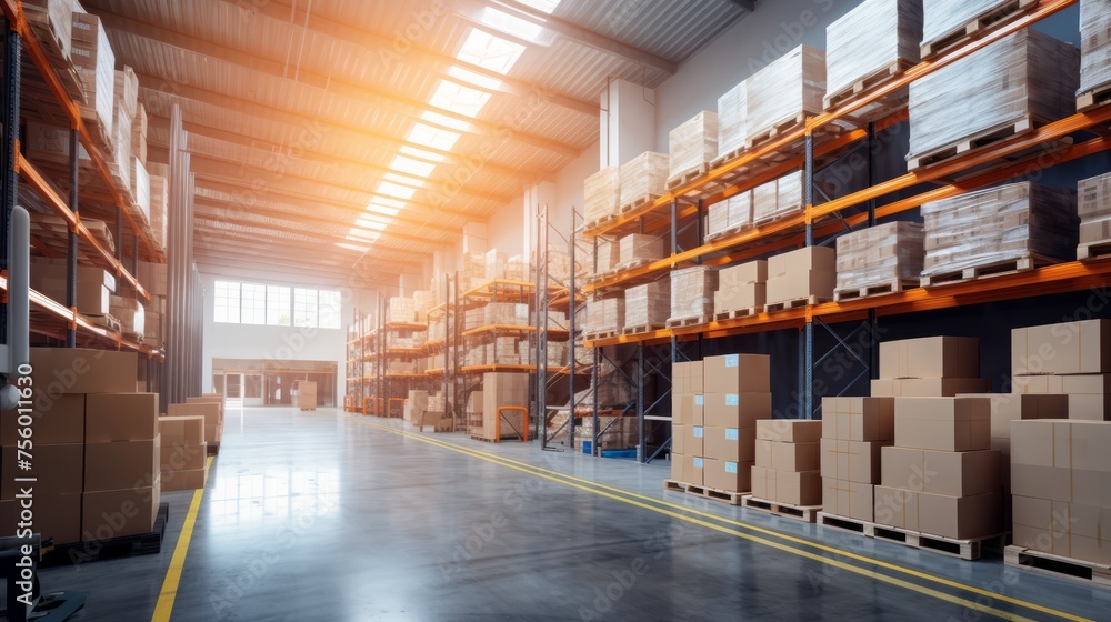 Industrial storage facility with organized shelves of cargo. Concept of warehousing solutions, distribution logistics, and inventory control. Industrial storage facility with organized shelves of cargo. Concept of warehousing solutions, distribution logistics, and inventory control.