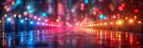 A street with lights and colorful bokeh in the background, AI