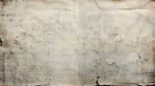 Aged paper texture with faded script and ink blots. Old newspaper textured backdrop. Time-aged manuscript. Concept of overlay template, antiquity, old documents, and vintage aesthetic. © Jafree