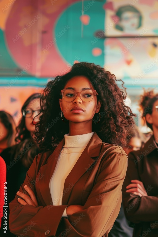 Confident Young Woman Stands Out in a Buzzing Urban Art Gallery Event Confident Young Woman Stands Out in a Buzzing Urban Art Gallery Event