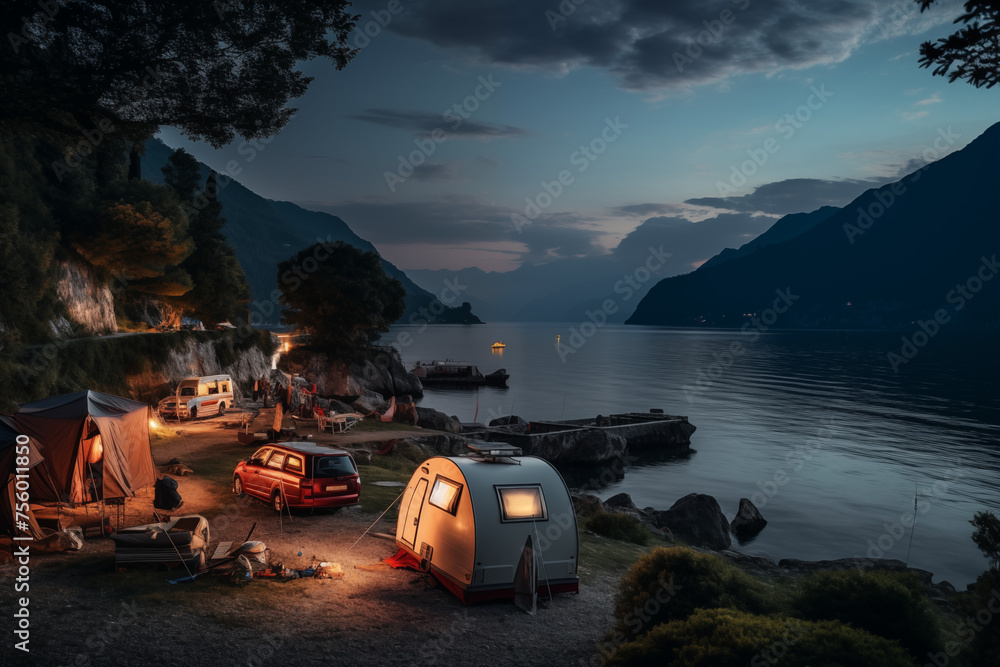 Camp by the sea and in the mountains. Cozy tent in nature. Hippie lifestyle. Generative AI tools - obrazy, fototapety, plakaty 