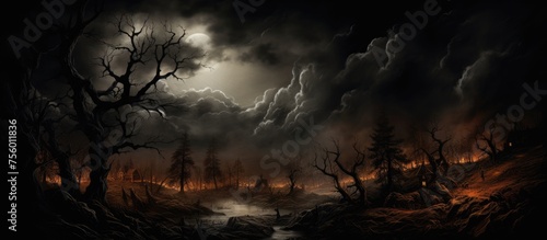 A mysterious landscape with dense clouds covering the sky, a dark forest with towering trees, and a river running through the wood under a stormy atmosphere with flashes of lightning