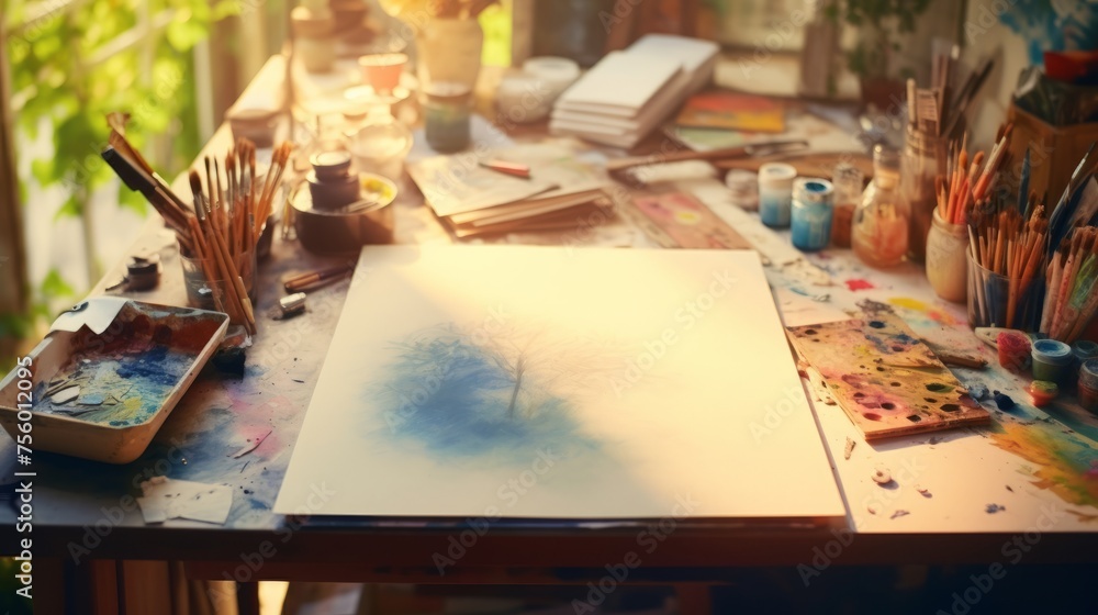 Sunlit creative workspace with brushes and canvas. Concept of painting, art studio atmosphere, artist's equipment, and creative environment. Sunlit creative workspace with brushes and canvas. Concept of painting, art studio atmosphere, artist's equipment, and creative environment.