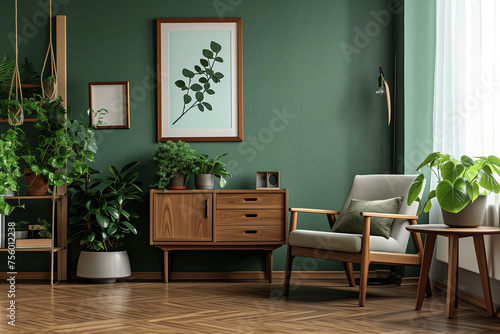 Stylish living room interior design with poster frame, frotte armchair, wooden commode, side table, plants , soft green wall