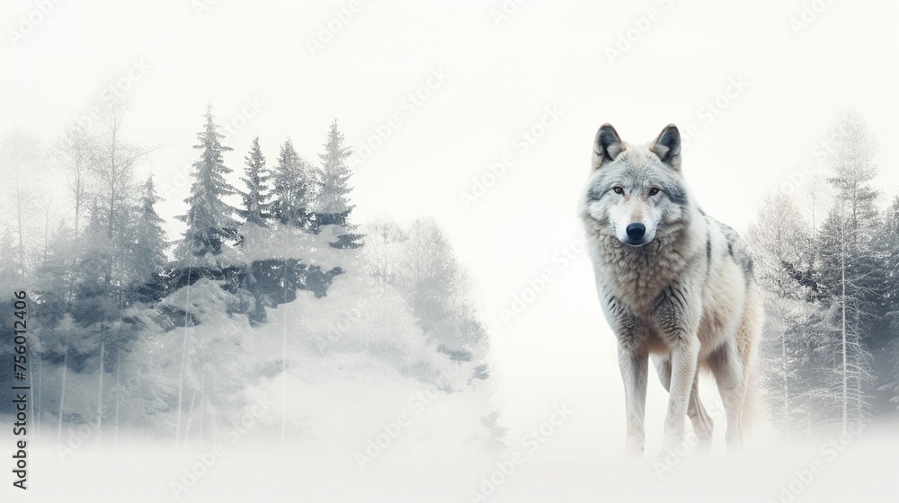 Naklejka premium Wolf and winter forest double exposure serene white background