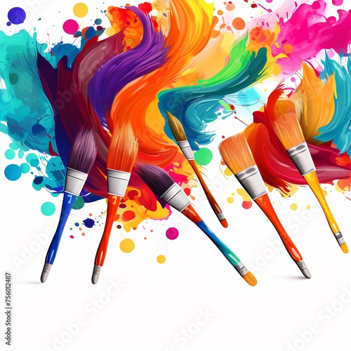 Cartoon paintbrushes painting vibrant strokes on white photo