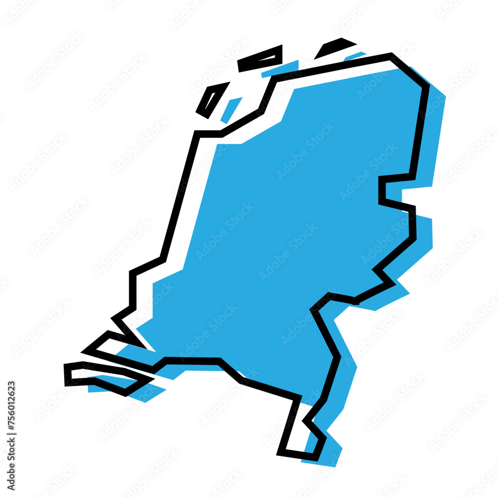 Obraz premium Netherlands country simplified map. Blue silhouette with thick black contour outline isolated on white background. Simple vector icon
