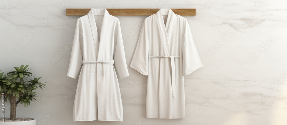 Bathrobe and Towel Displayed on Light Wall - Mockup of Bathrobe Set Bathrobe and Towel Displayed on Light Wall - Mockup of Bathrobe Set