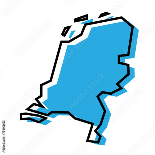 Netherlands country simplified map. Blue silhouette with thick black contour outline isolated on white background. Simple vector icon