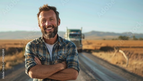 A smiling truck driver standing in front of his semitruck, with the focus on him and his confident expression. 