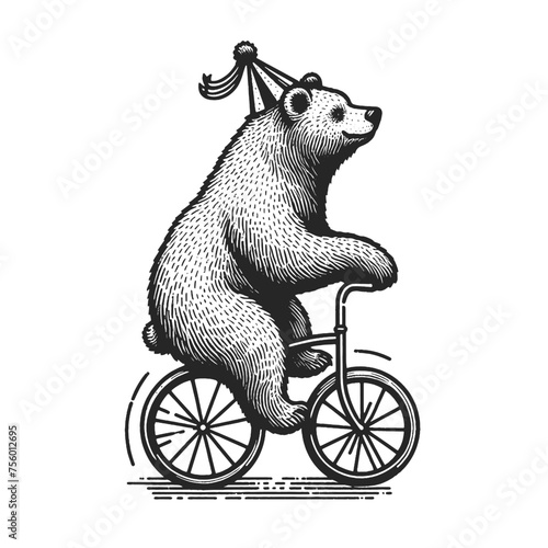 circus bear rides bicycle sketch engraving generative ai fictional character vector illustration. Scratch board imitation. Black and white image.