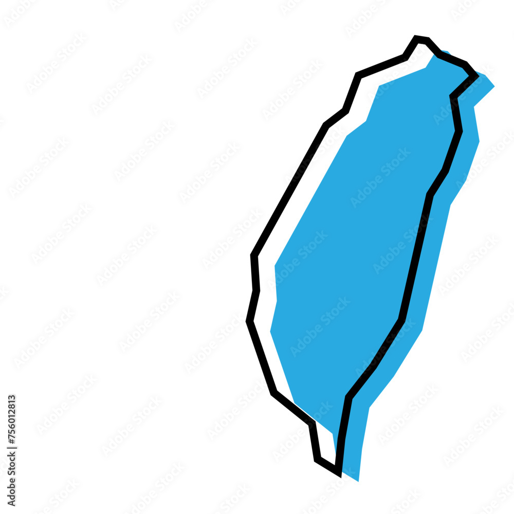 Taiwan country simplified map. Blue silhouette with thick black contour outline isolated on white background. Simple vector icon Taiwan country simplified map. Blue silhouette with thick black contour outline isolated on white background. Simple vector icon