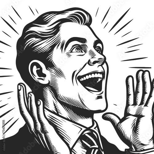 Ecstatic overjoyed happy businessman, vintage classic retro style. Gentleman sketch engraving generative ai fictional character vector illustration. Scratch board imitation.