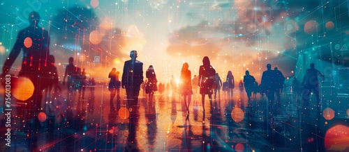 Abstract digital human silhouettes in business attire with global network connections and AI data streams, representing the integration of technology into traditional office culture for collaboration