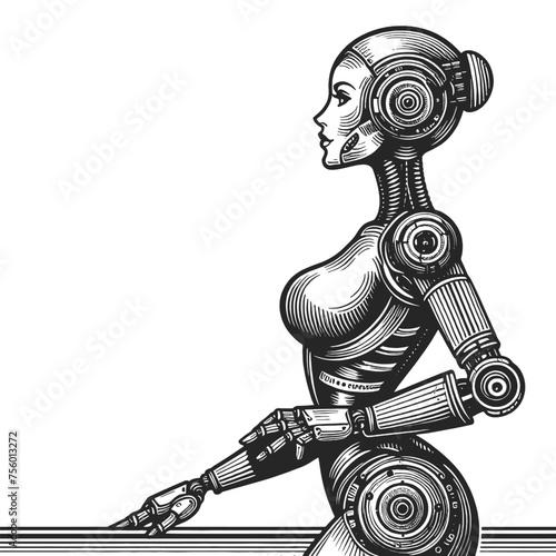 futuristic female robot, blending technology and human form. Lady sketch engraving generative ai fictional character vector illustration. Scratch board imitation.