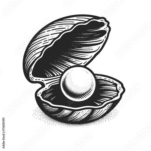  pearl nestled in an open oyster shell, representing luxury and natural beauty, line art sketch engraving generative ai vector illustration. Scratch board imitation. Black and white image.