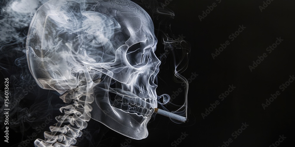 Human skull is smoking on dark background, no smoking concept Human skull is smoking on dark background, no smoking concept