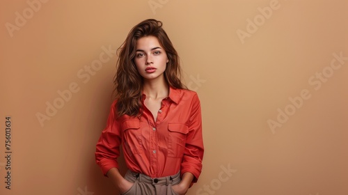 A woman stands confidently in front of a brown wall, with her hands in her pockets.