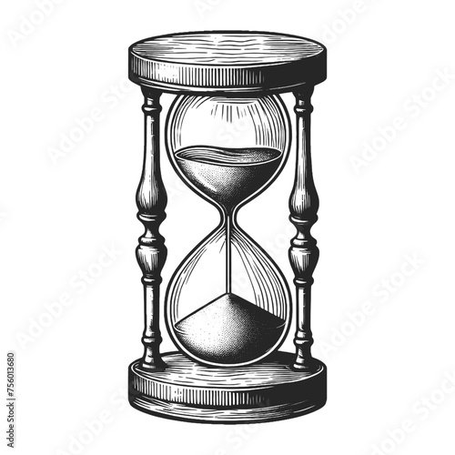 Vintage hourglass, symbolizing time and transformation sketch engraving generative ai vector illustration. Scratch board imitation. Black and white image.