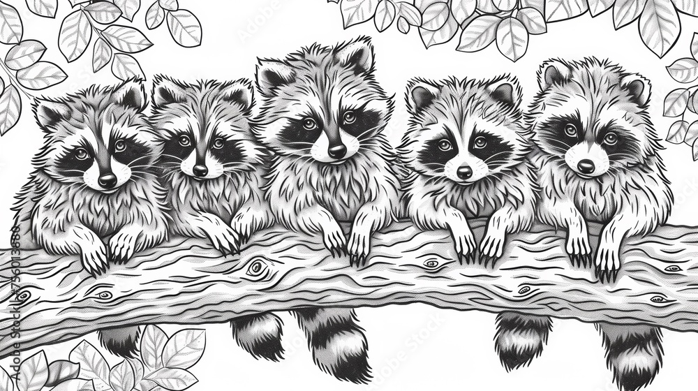 Naklejka premium A group of raccoons sitting on a branch with leaves, AI