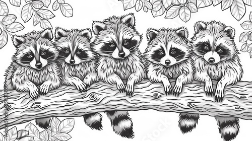 A group of raccoons sitting on a branch with leaves, AI