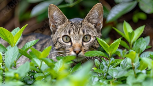 A cat peeking out from behind a bush in the woods, AI