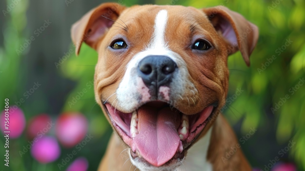 A close up of a dog with its mouth open and flowers in the background, AI A close up of a dog with its mouth open and flowers in the background, AI