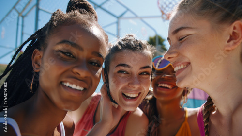 Portrait Shot of a Group of Female Teenagers in an Outdoor Basket Court, Having a Video Call on Smartphone. Multiethnic Girls Smiling and Talking to their Friend, Keeping in Touch Thanks to Technology photo