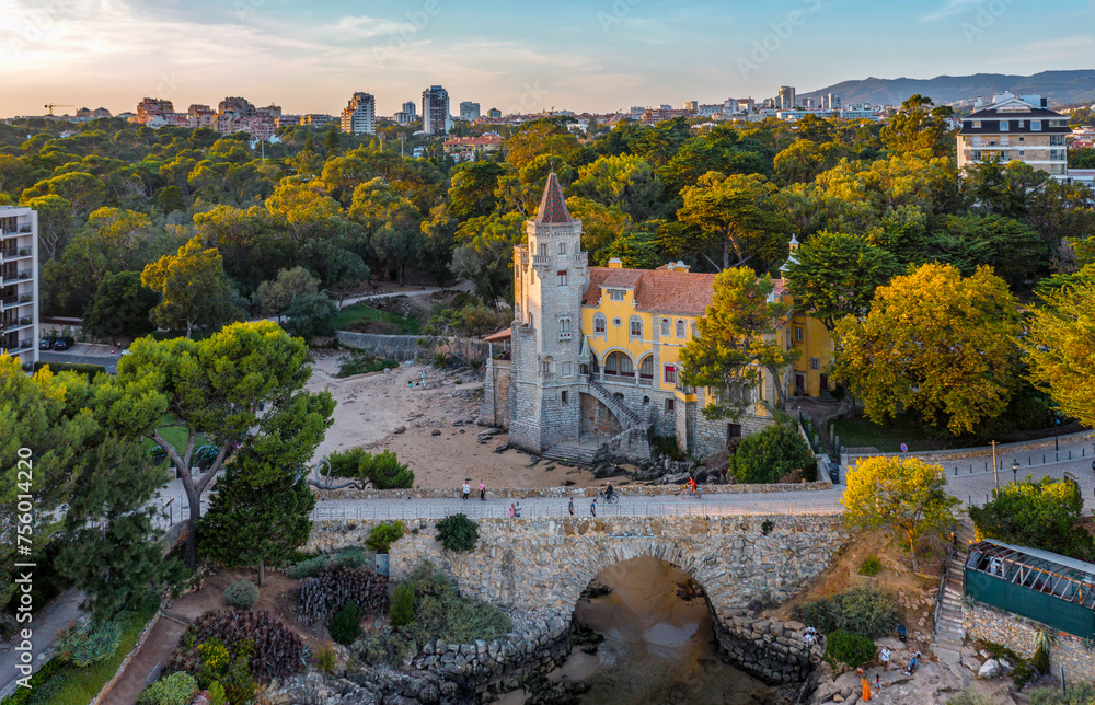 Close aerial of sunset over Museum of Conde de Castro Guimaraes