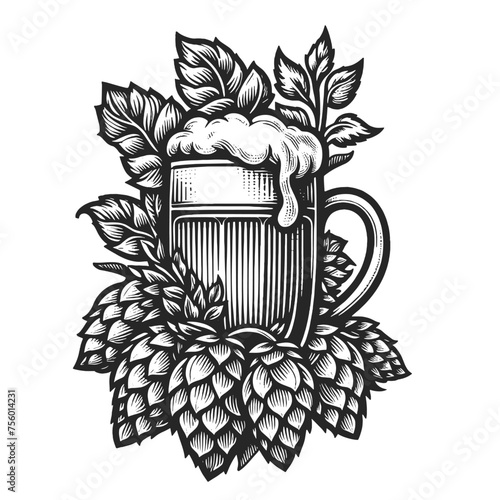 frothy beer mug surrounded by hop cones, depicting a classic brewery theme. Sketch engraving generative ai vector illustration. Scratch board imitation. Black and white image.