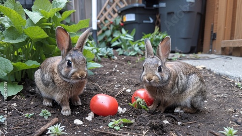 Two rabbits sitting in the dirt next to some tomatoes, AI
