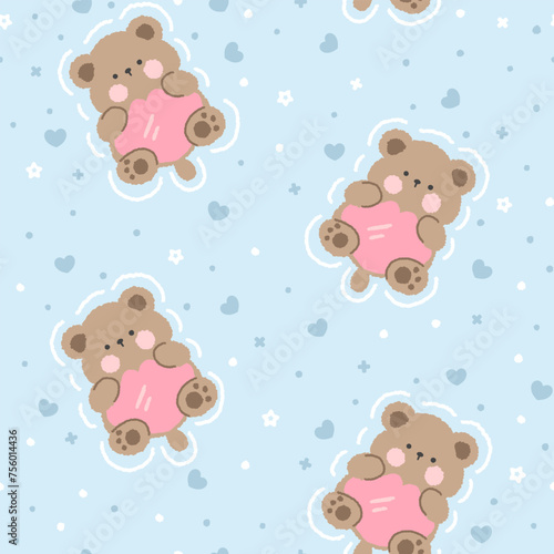 cute hand drawn brown teddy bears with pink heart on a blue background with kawaii elements, kids seamless pattern