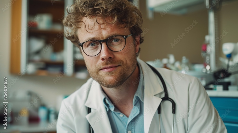 A man in a white coat with glasses and curly hair, AI