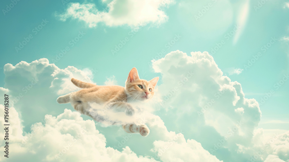 Gato fofo caminhando sobre as nuvens no ceu - Papel de parede - obrazy, fototapety, plakaty 