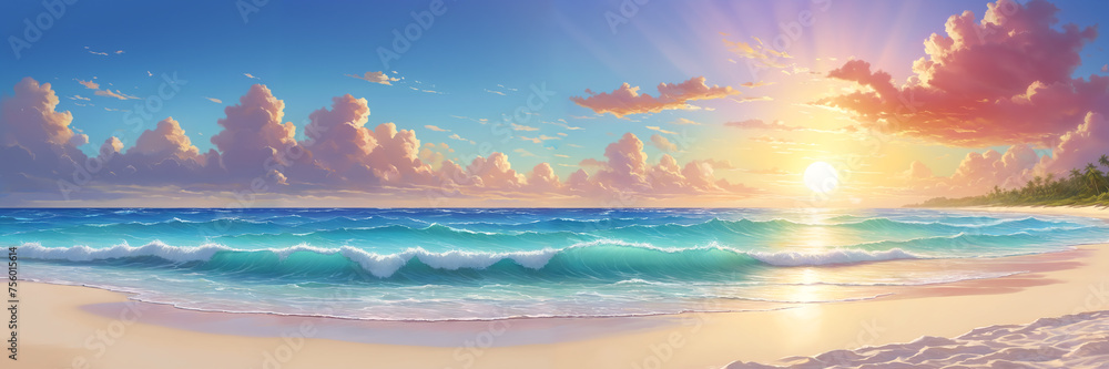 A breathtaking painting of an ocean sunrise with white foamy waves, illuminated by the glorious morning sun, creating a spectacular scene of serenity and beauty