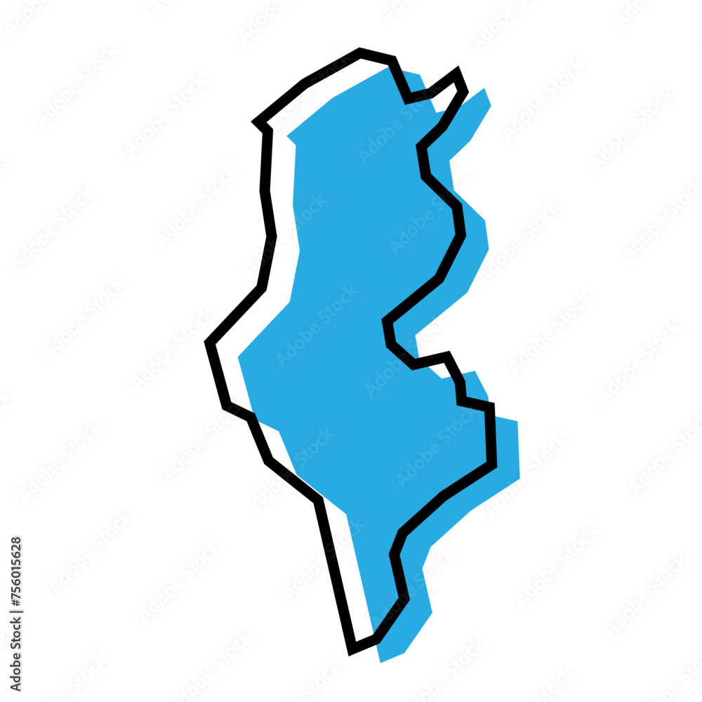 Tunisia country simplified map. Blue silhouette with thick black contour outline isolated on white background. Simple vector icon Tunisia country simplified map. Blue silhouette with thick black contour outline isolated on white background. Simple vector icon