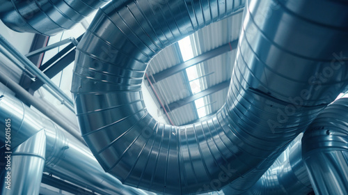 The ventilation pipe is round from the inside. Steel pipes, parts for the construction of industrial air conditioning ducts inside the pipe. Industrial ventilation equipment. Generative AI