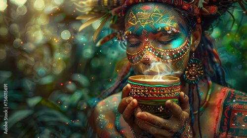 Beautiful face of Indian shaman woman drinking ayahuasca infusion. Ancestral ceremony of spiritual connection. Concept of spirituality.