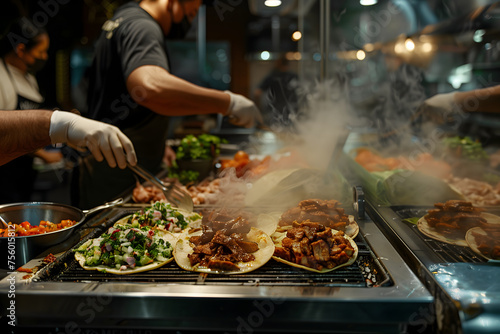 the lively atmosphere of a Mexican taqueria, with chefs grilling marinated meats, assembling tacos, and garnishing them with fresh salsa and guacamole